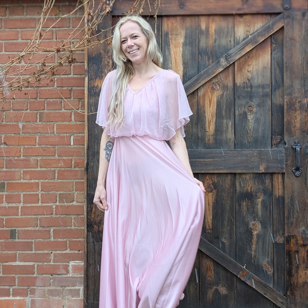 Vintage 70s Pink Pearl Shawl Collar Maxi Gown, Size S - Picture 15 of 16